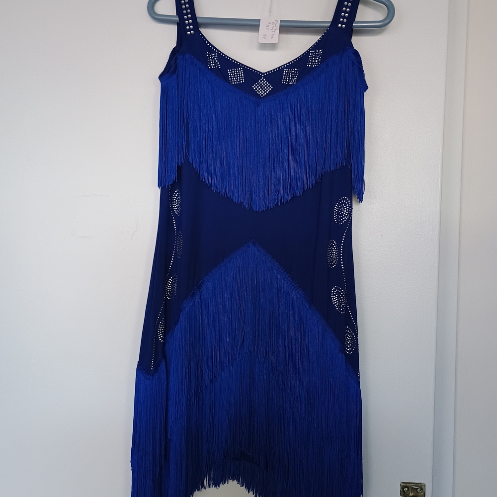 Rhinestoned Royal Blue Fringe Dress for Rhythm Ballroom